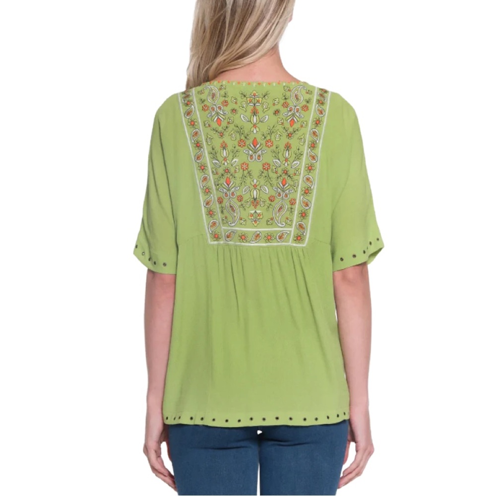 NWT John Mark Lime Green Embroidered Short Sleeve Boho Tunic Top, Size L - Picture 3 of 13